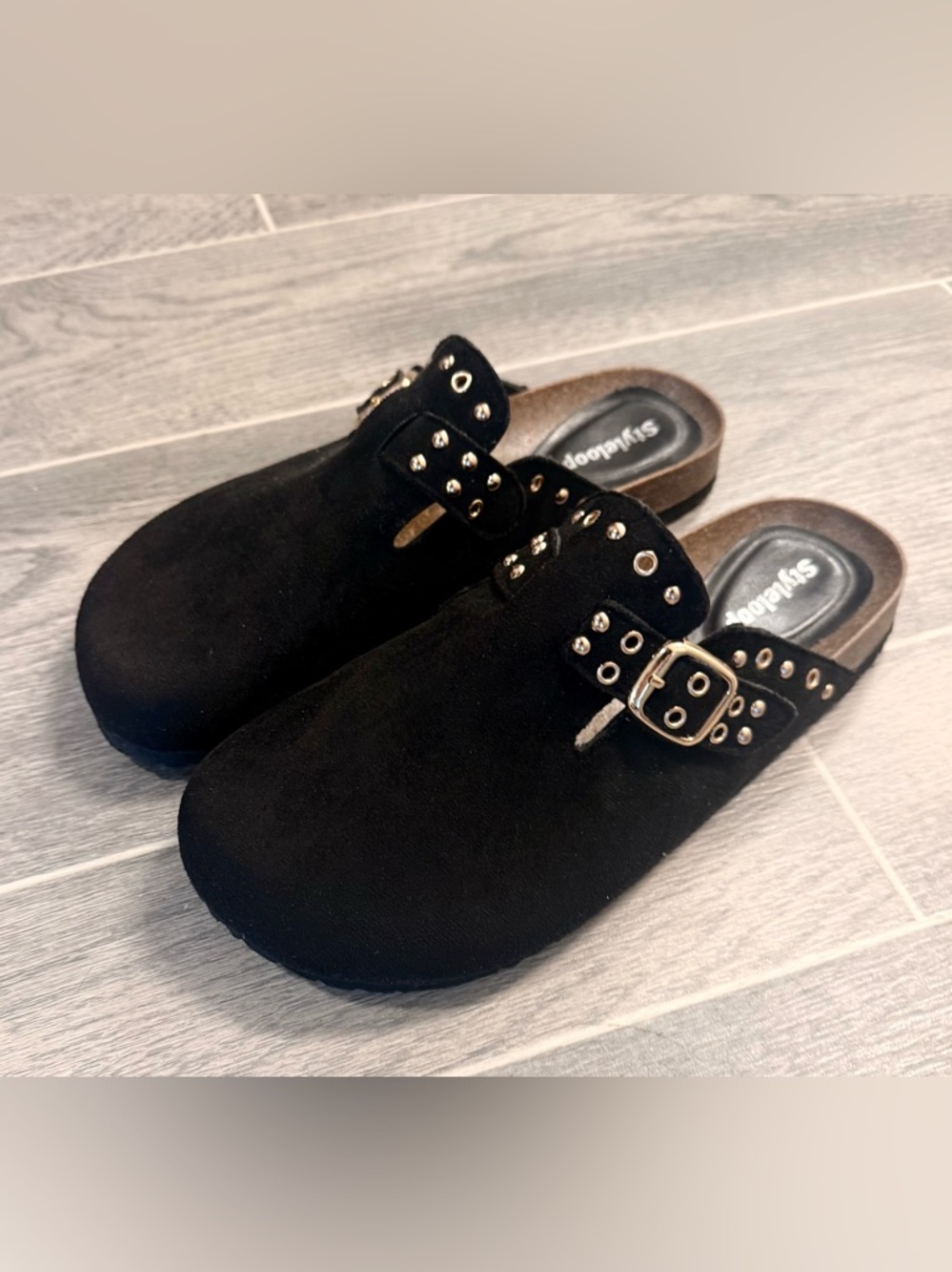 Black Studded Suede Slip-On Clogs with Buckle